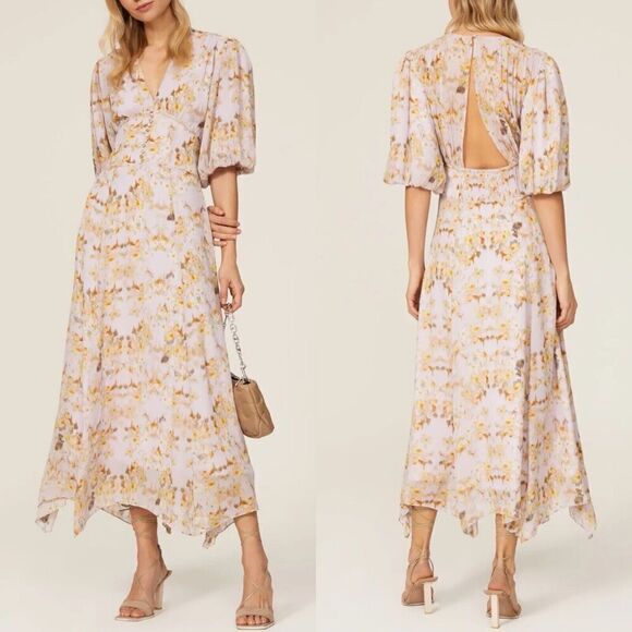 All Saints Floral Midi Dress Wedding Guest Bridesmaid Cream and Gold - Picture 1 of 14